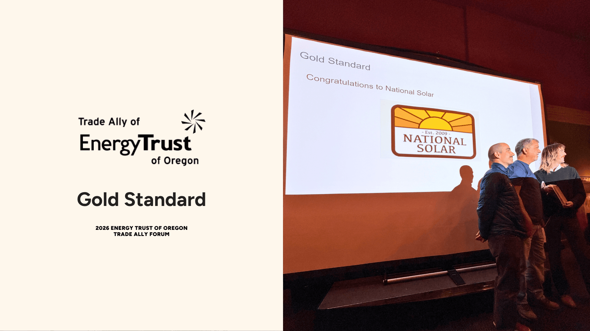 National Solar team in front of the Gold Standard slide at the 2026 Energy Trust of Oregon Trade Ally Forum