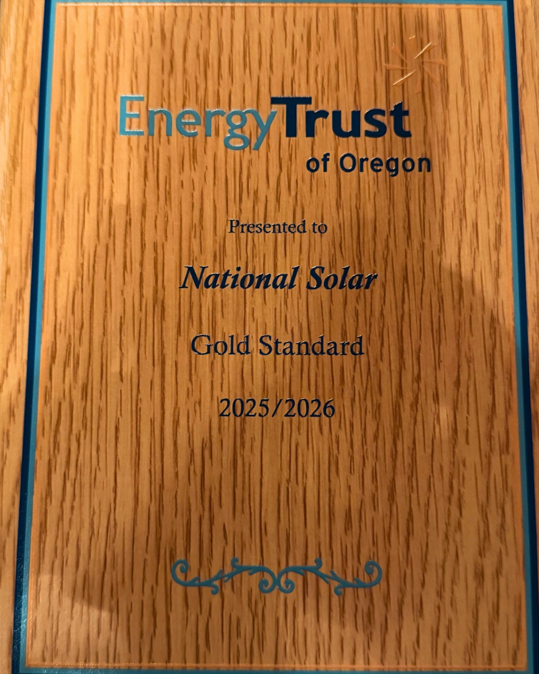 Energy Trust of Oregon Gold Standard 2025/2026 plaque presented to National Solar